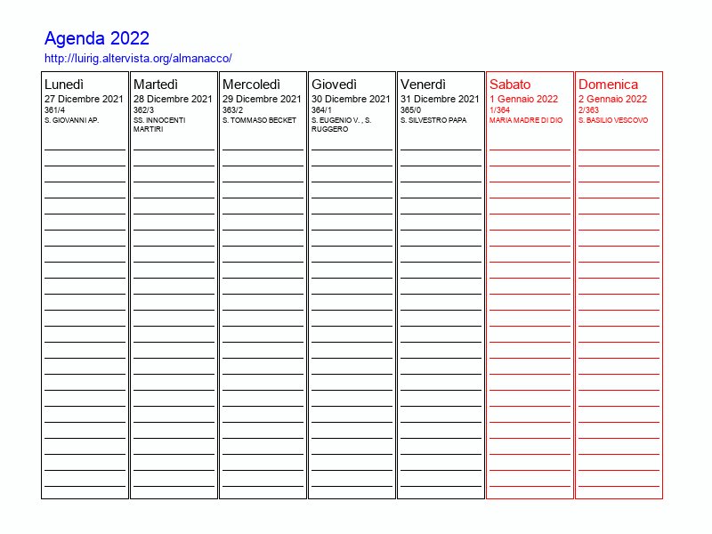 Agenda settimanale da stampare del 1 Gennaio 2022