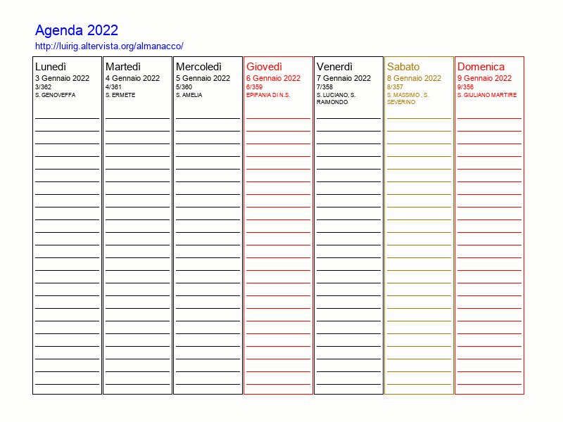 Agenda settimanale da stampare del 3 Gennaio 2022