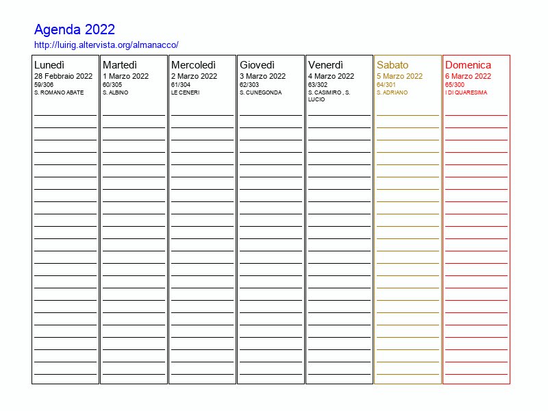 Agenda settimanale da stampare del 1 Marzo 2022