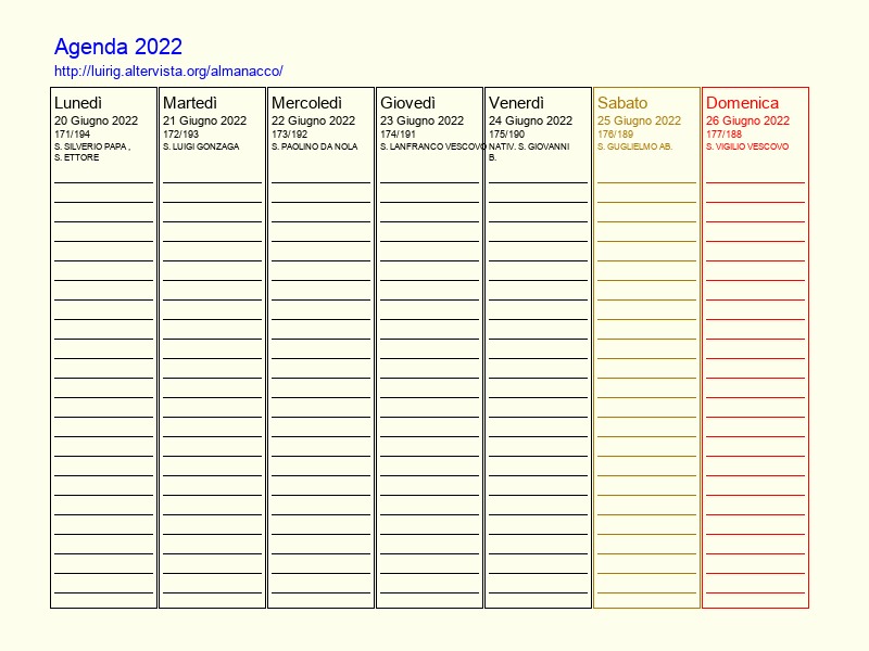 Agenda settimanale da stampare del 20 Giugno 2022