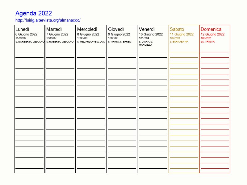 Agenda settimanale da stampare del 6 Giugno 2022