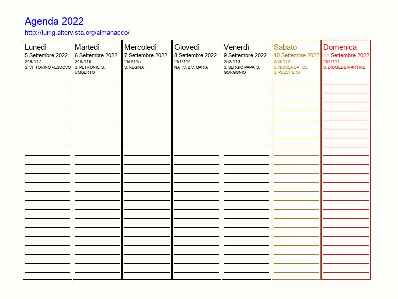 Agenda settimanale da stampare del 5 Settembre 2022