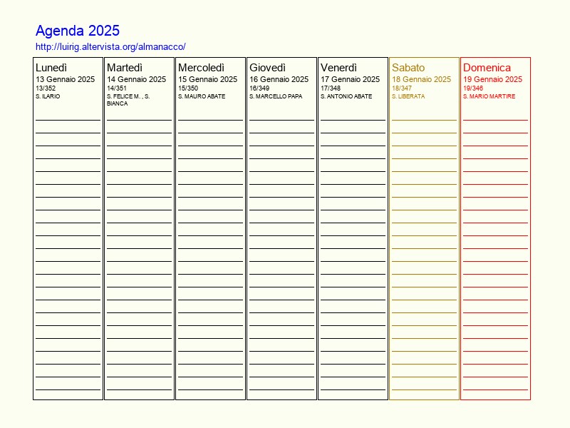 Agenda settimanale da stampare del 13 Gennaio 2025