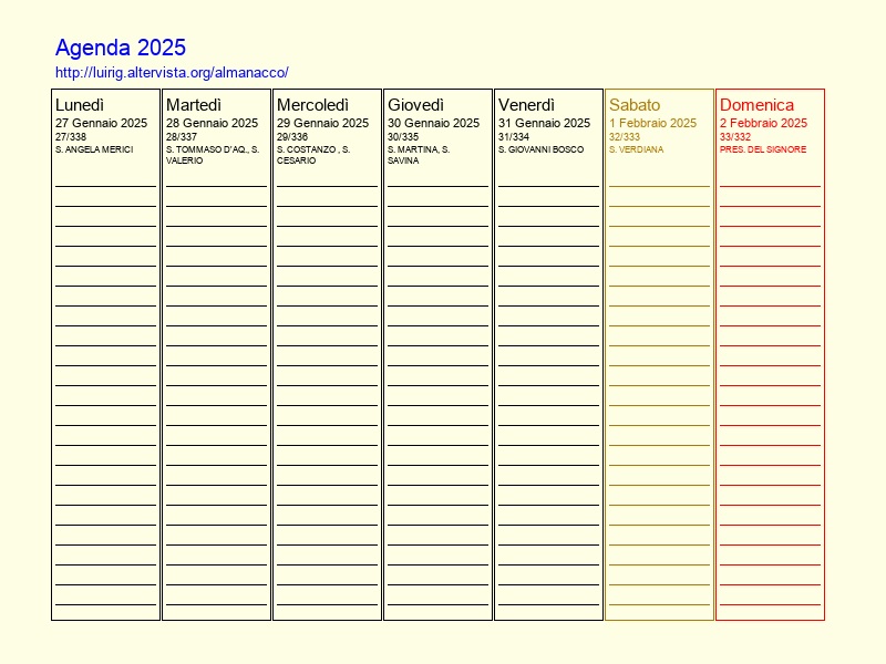 Agenda settimanale da stampare del 27 Gennaio 2025