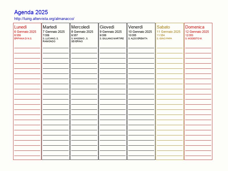 Agenda settimanale da stampare del 6 Gennaio 2025
