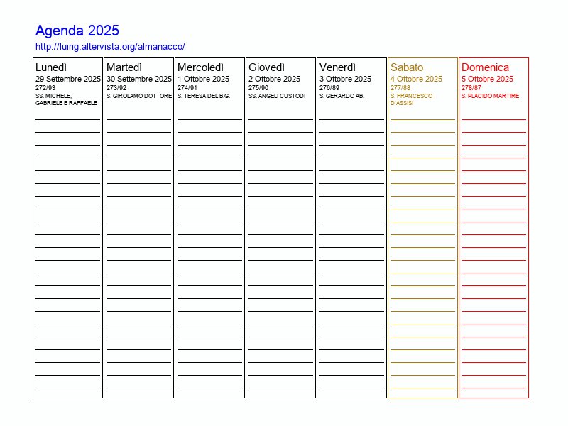 Agenda settimanale da stampare del 1 Ottobre 2025