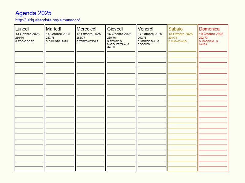 Agenda settimanale da stampare del 13 Ottobre 2025