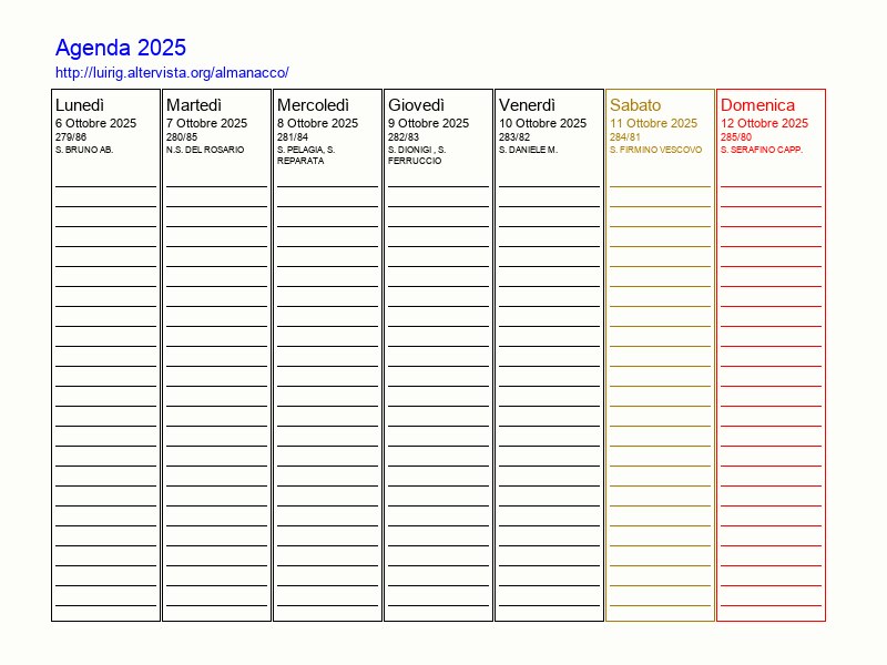 Agenda settimanale da stampare del 6 Ottobre 2025