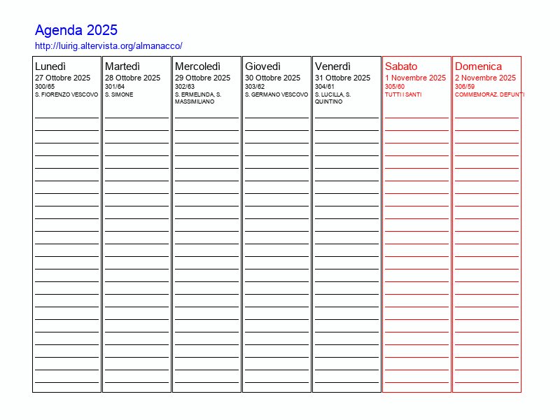 Agenda settimanale da stampare del 1 Novembre 2025