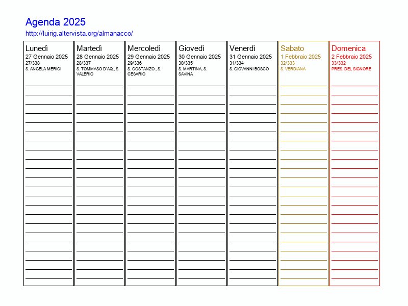 Agenda settimanale da stampare del 1 Febbraio 2025