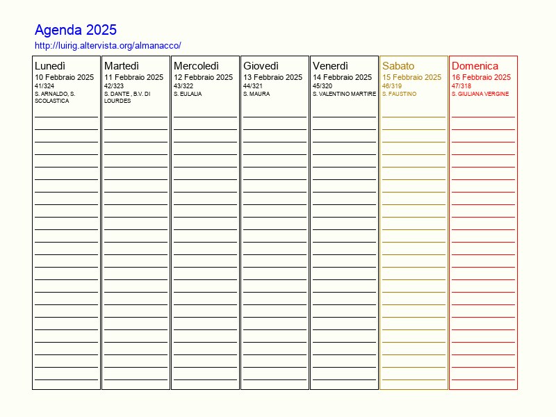 Agenda settimanale da stampare del 10 Febbraio 2025