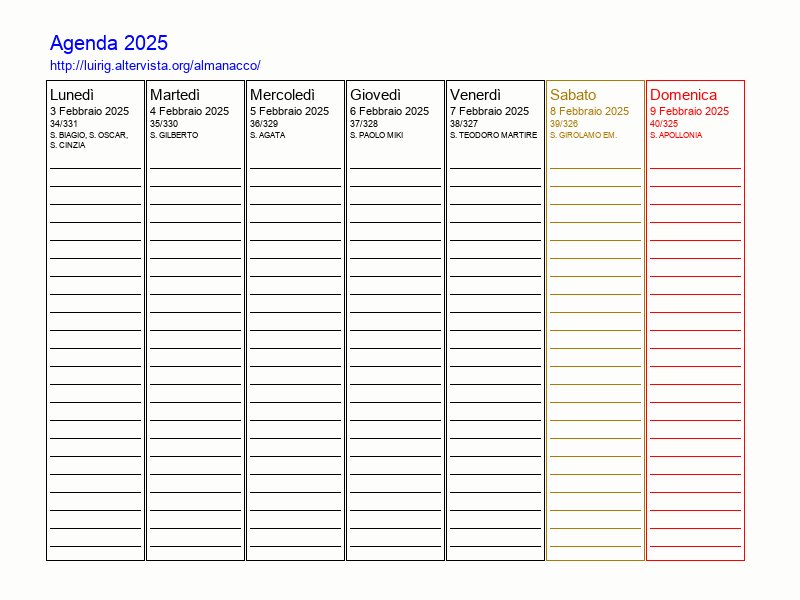 Agenda settimanale da stampare del 3 Febbraio 2025