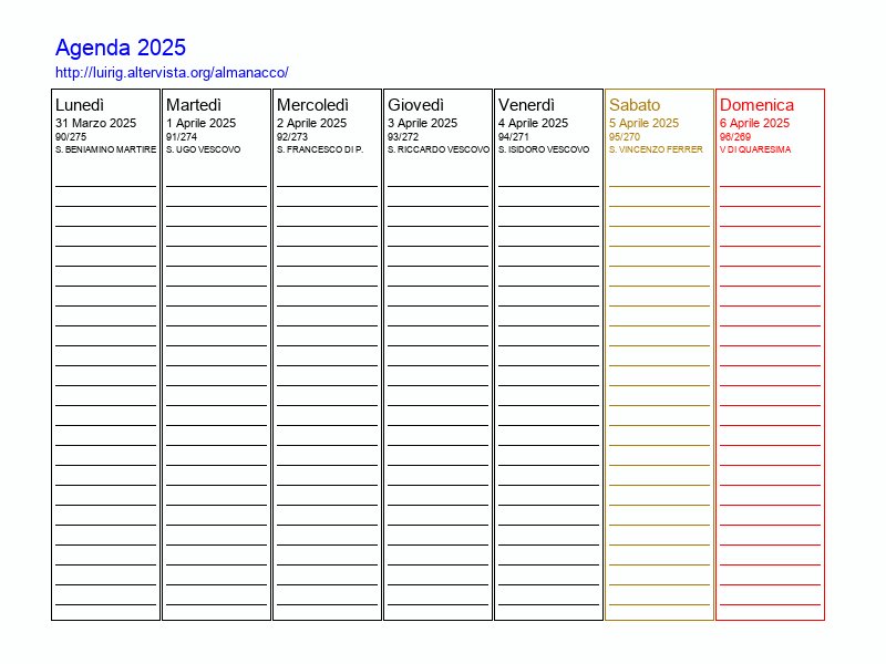 Agenda settimanale da stampare del 1 Aprile 2025