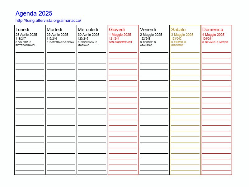 Agenda settimanale da stampare del 1 Maggio 2025