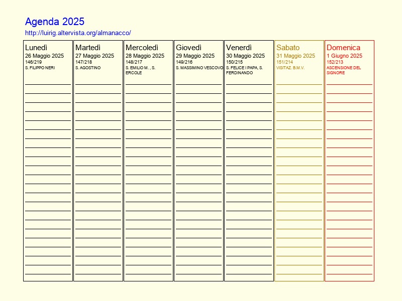 Agenda settimanale da stampare del 26 Maggio 2025