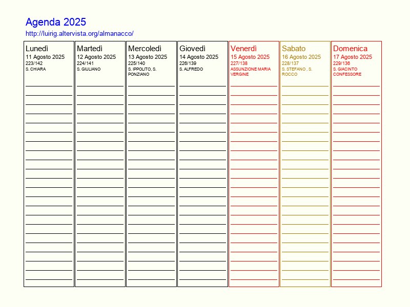 Agenda settimanale da stampare del 11 Agosto 2025