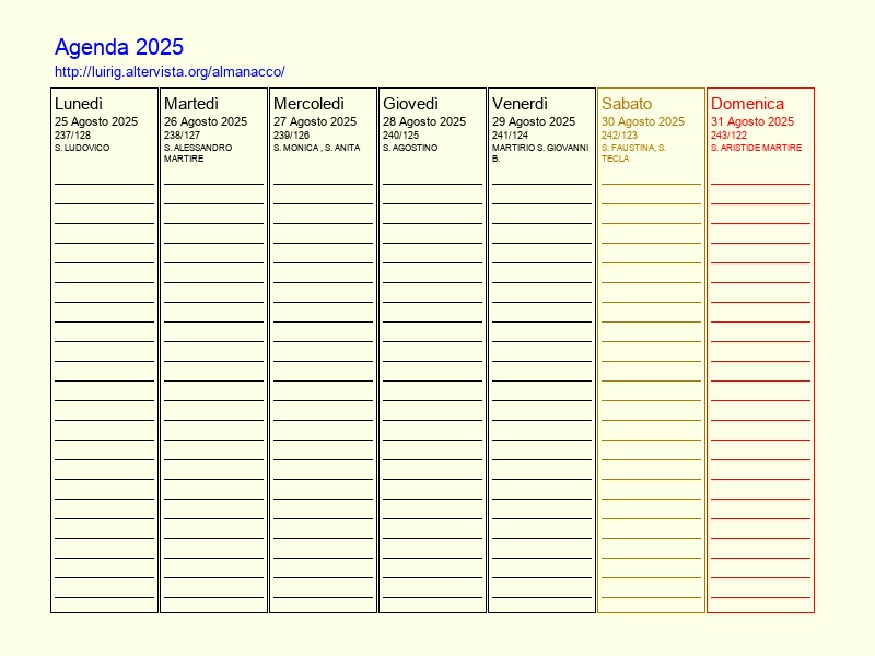 Agenda settimanale da stampare del 25 Agosto 2025