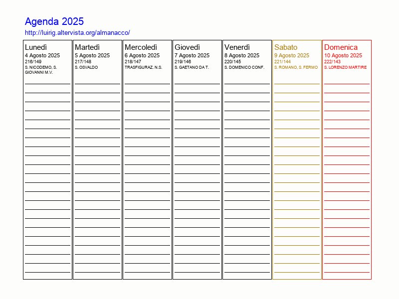 Agenda settimanale da stampare del 4 Agosto 2025