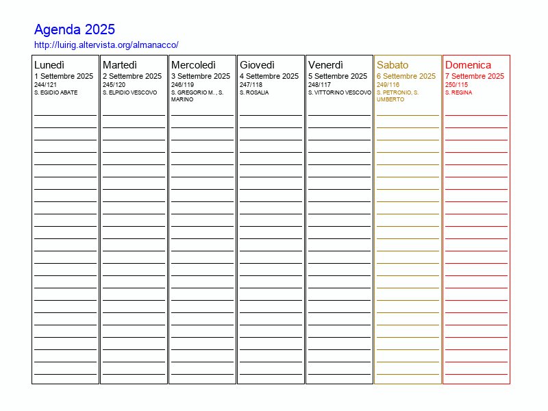 Agenda settimanale da stampare del 1 Settembre 2025