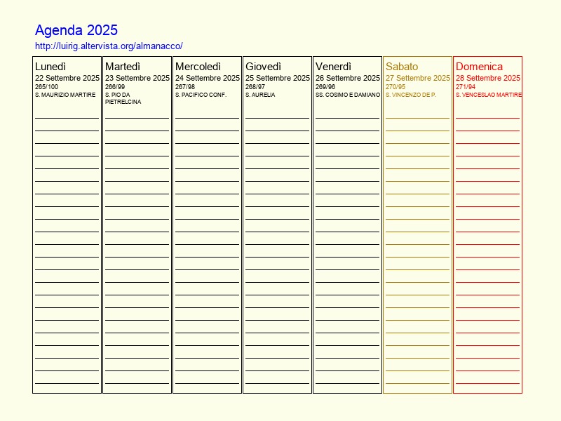 Agenda settimanale da stampare del 22 Settembre 2025