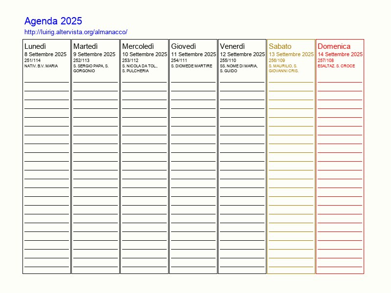 Agenda settimanale da stampare del 8 Settembre 2025