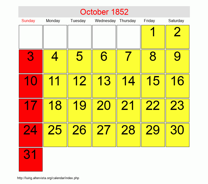 October 1852 Roman Catholic Saints Calendar