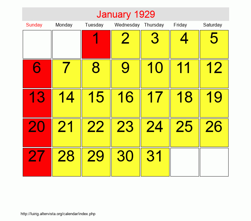 January 1929 Roman Catholic Saints Calendar