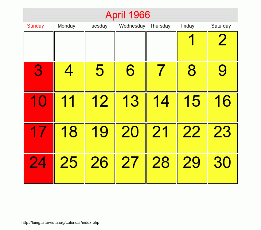 April 1966 Roman Catholic Saints Calendar