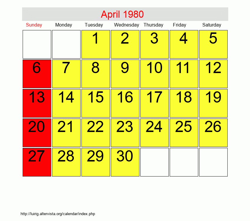 April 1980 Roman Catholic Saints Calendar