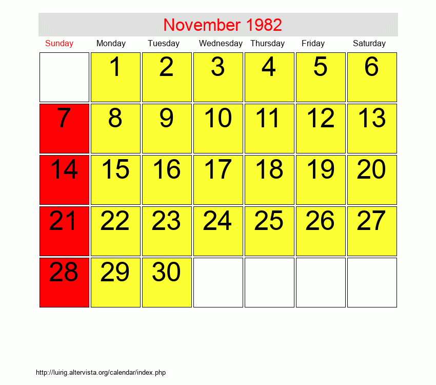 November 1982 Roman Catholic Saints Calendar