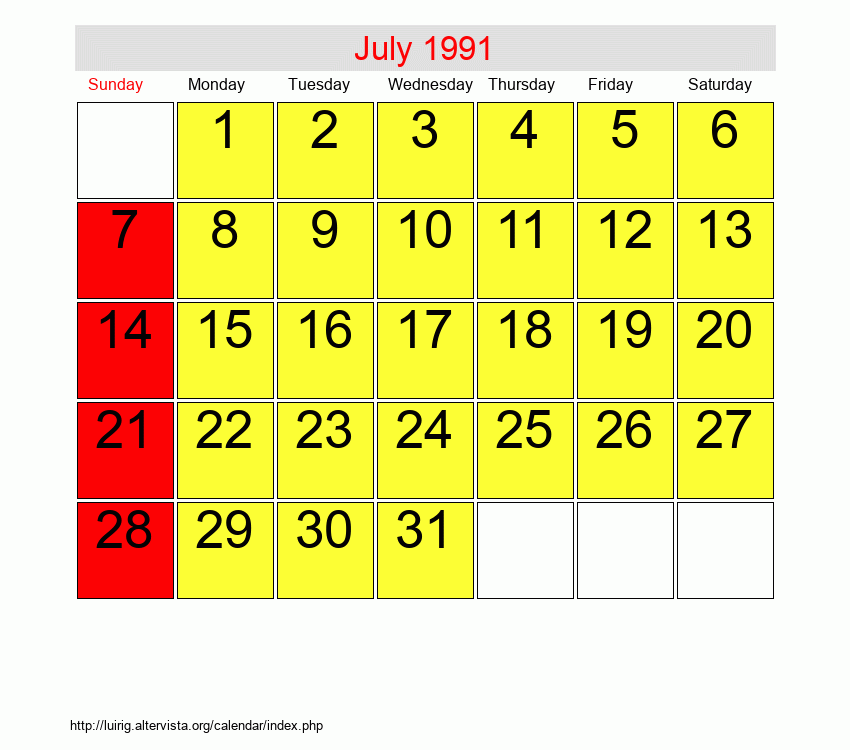 July 1991 Roman Catholic Saints Calendar