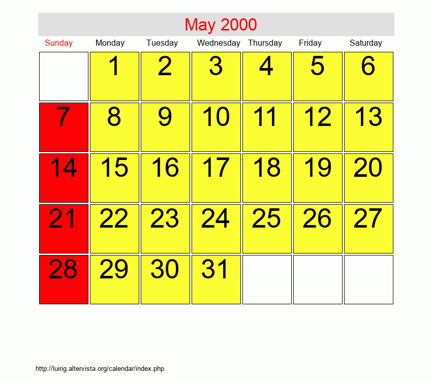 May 2000 Roman Catholic Saints Calendar