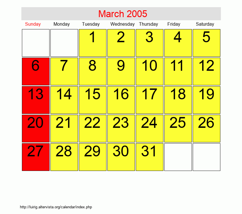 March 2005 Roman Catholic Saints Calendar