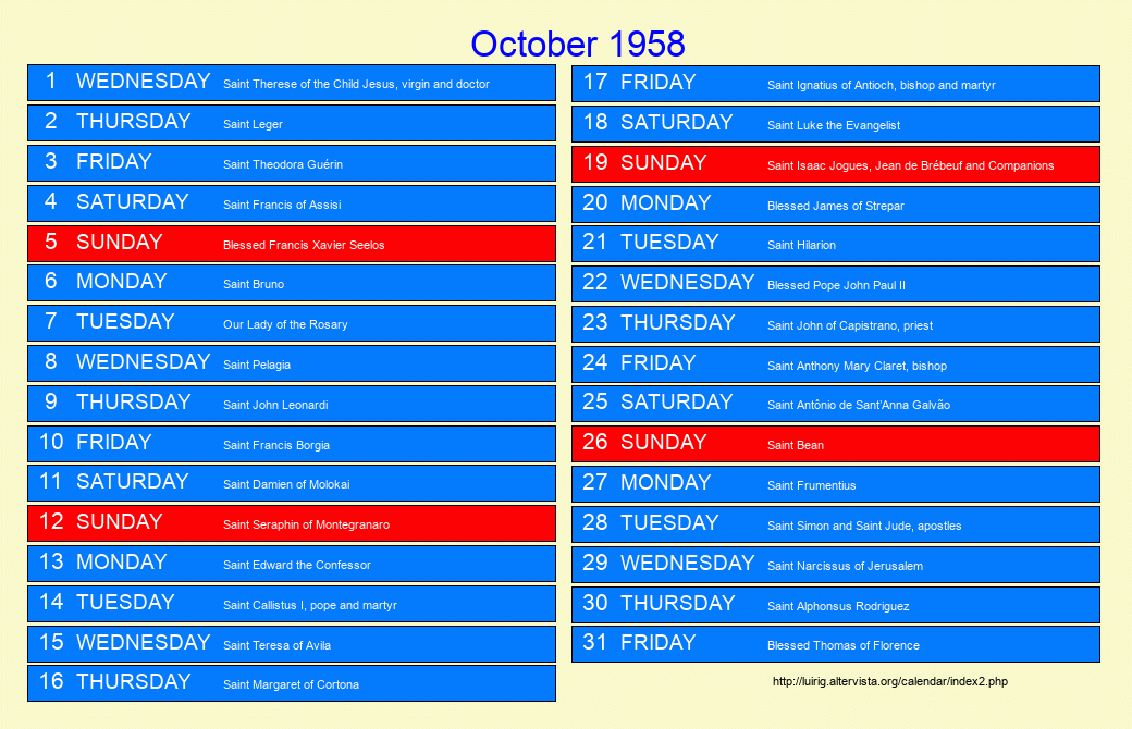 October 1958 Roman Catholic Saints Calendar
