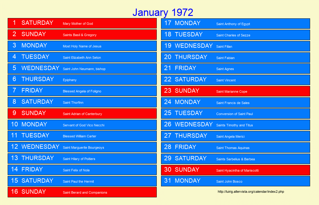 January 1972 Roman Catholic Saints Calendar