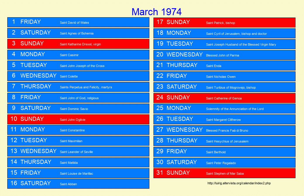 March 1974 Roman Catholic Saints Calendar