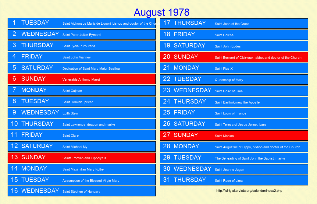 August 1978 Roman Catholic Saints Calendar