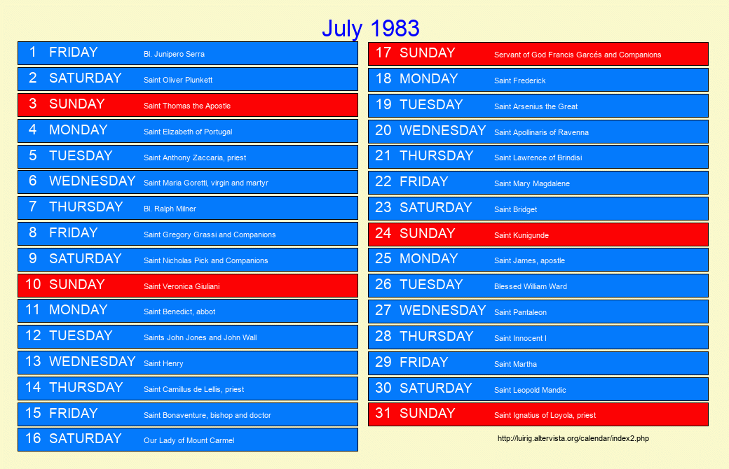 July 1983 Roman Catholic Saints Calendar