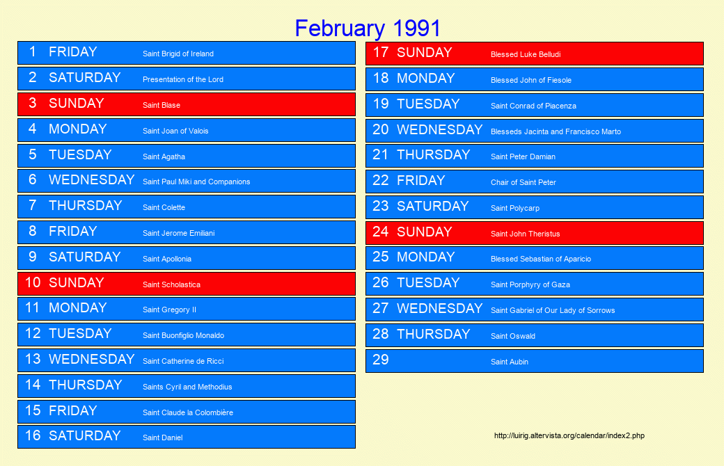 February 1991 Roman Catholic Saints Calendar