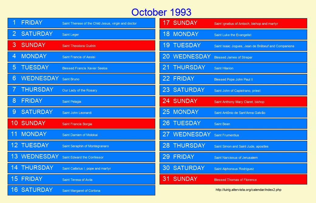 October 1993 Roman Catholic Saints Calendar