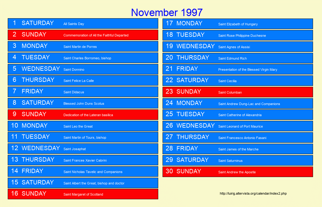 November 1997 Roman Catholic Saints Calendar