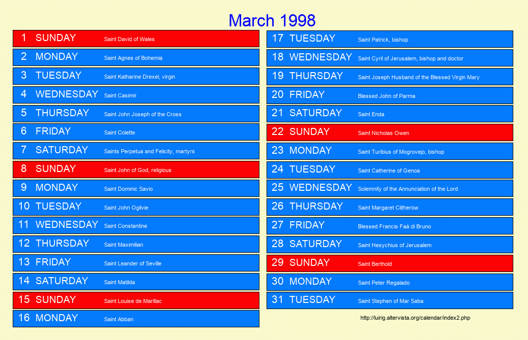March 1998 Roman Catholic Saints Calendar