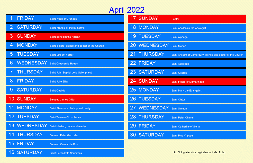 Marian Days 2022 Schedule April 2022 - Roman Catholic Saints Calendar