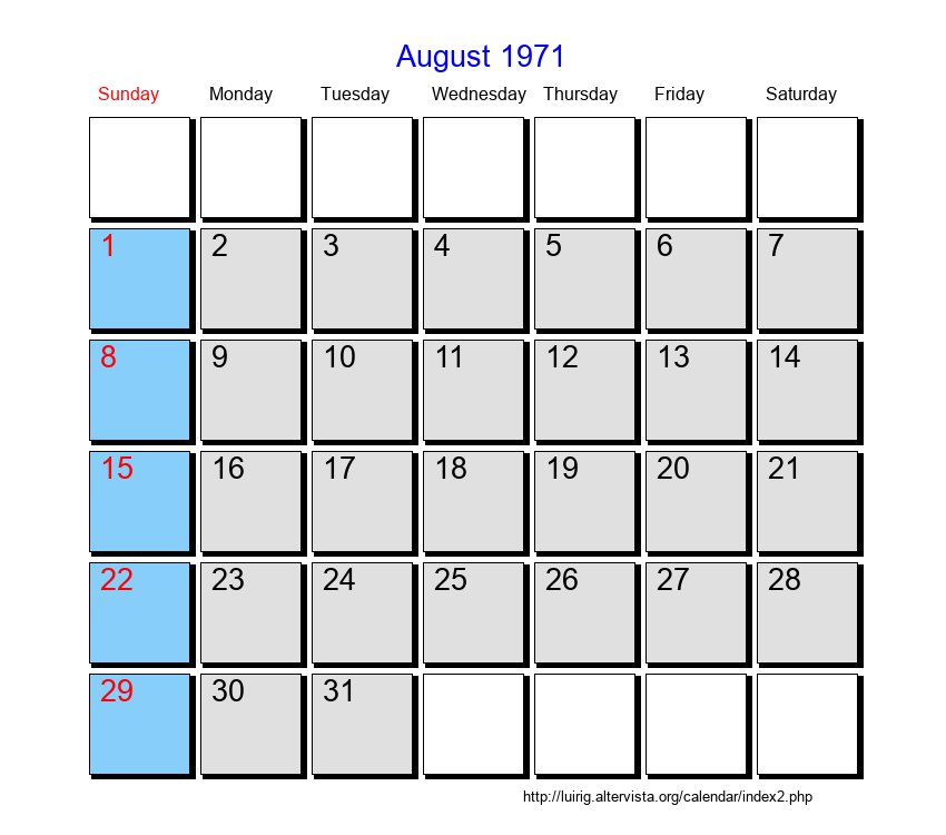 August 1971 Roman Catholic Saints Calendar