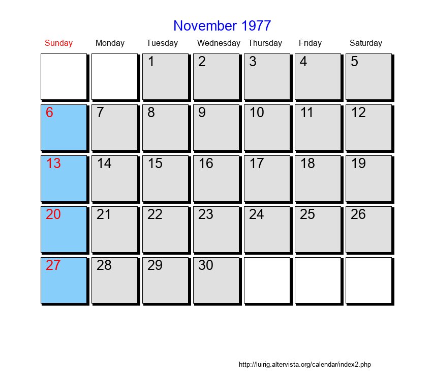 November 1977 Roman Catholic Saints Calendar