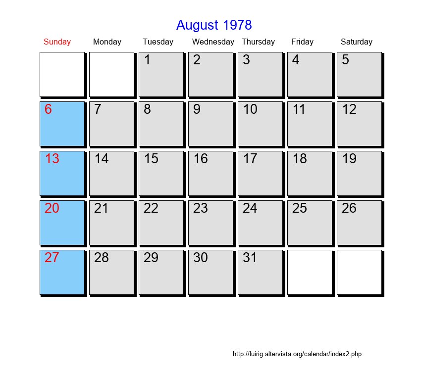 August 1978 Roman Catholic Saints Calendar