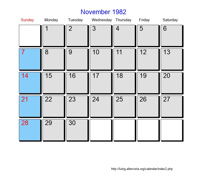 November 1982 Roman Catholic Saints Calendar