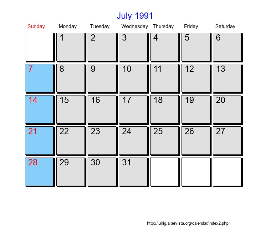 July 1991 Roman Catholic Saints Calendar