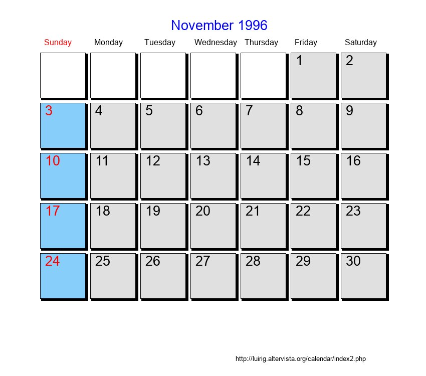 November 1996 Roman Catholic Saints Calendar