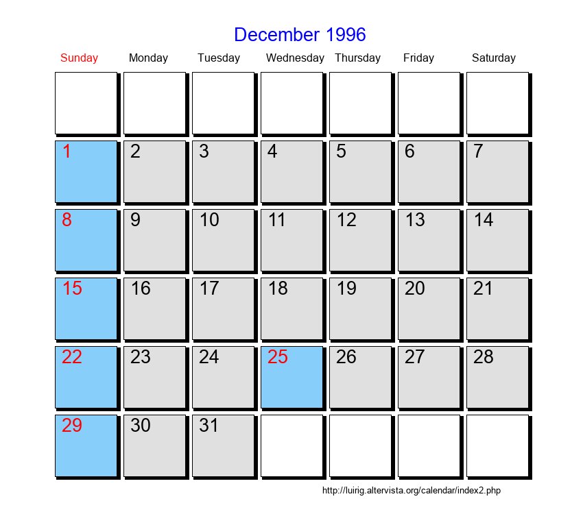 December 1996 Roman Catholic Saints Calendar